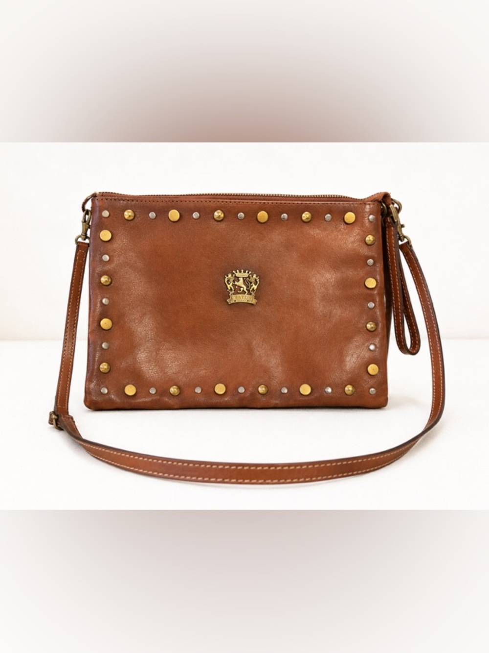 Pratisi Brown Leather Crossbody Bag with Gold Accents